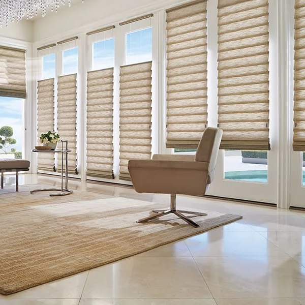 Pleated blinds installed in a costal design room