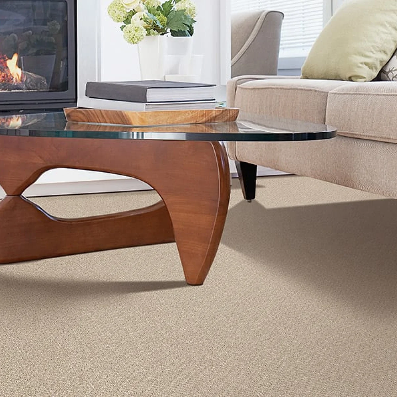Carpeting in cozy living room with fireplace