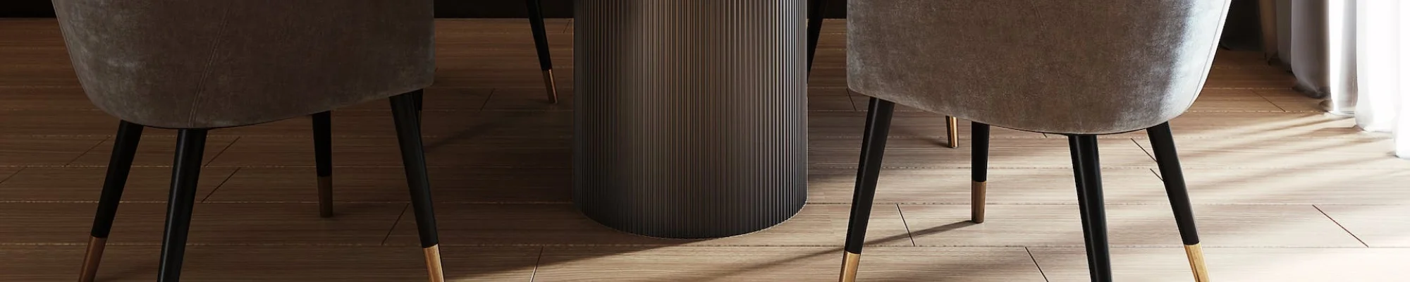 Elegant wood floors in modern, sophisticated dinning room